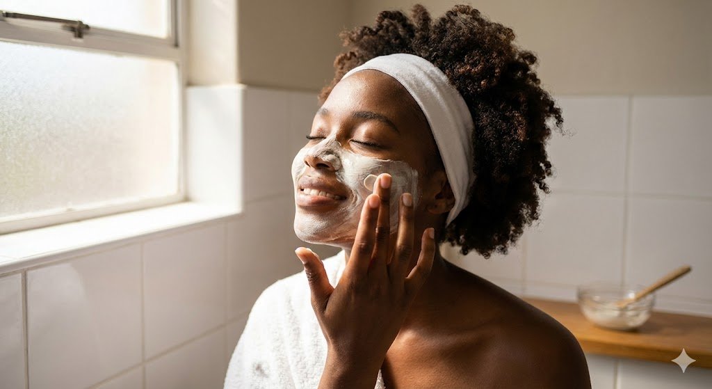 Young Nigerian woman applying natural honey face mask in bathroom with natural lighting and peaceful expression