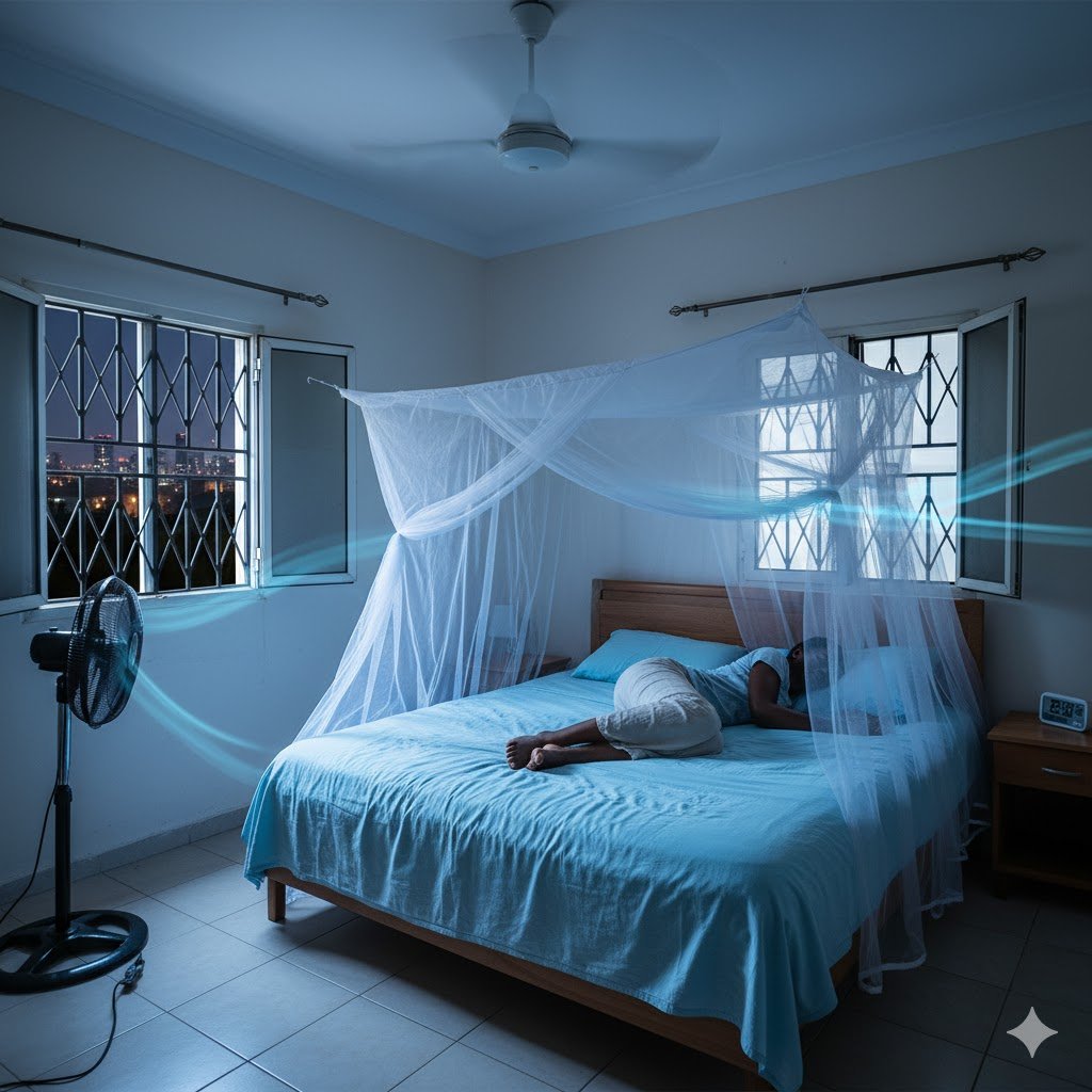 Nigerian bedroom at night with open windows creating cross-ventilation, ceiling fan running, person sleeping peacefully on cotton sheets with mosquito net