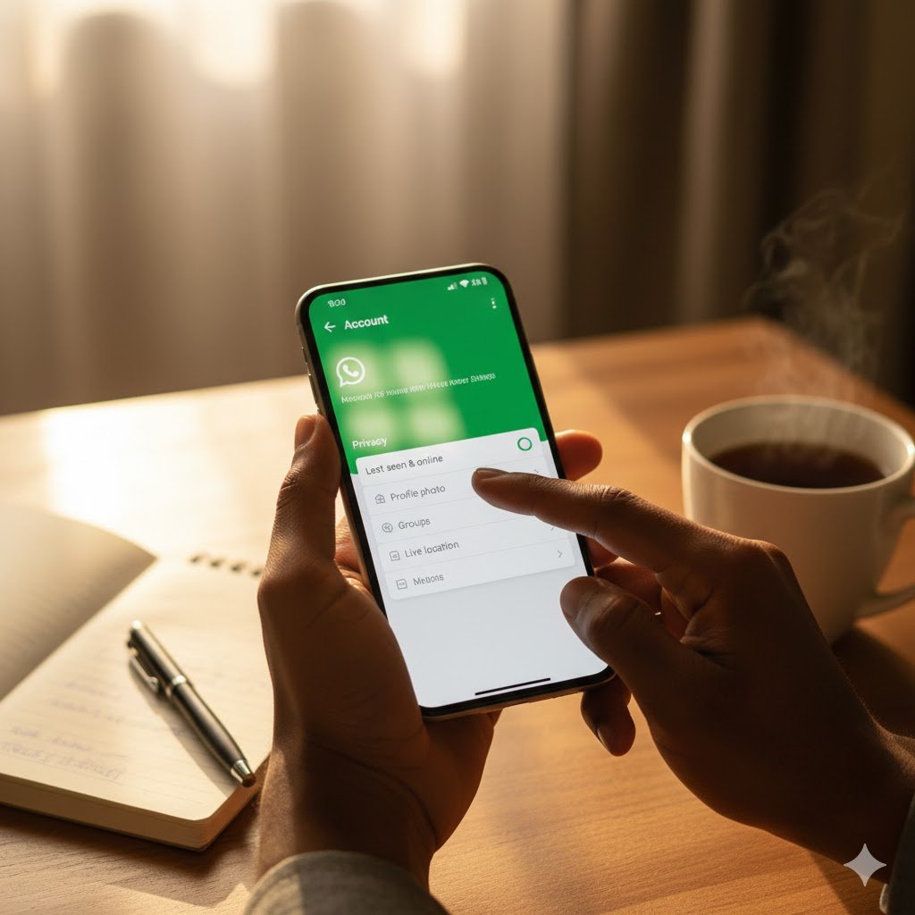 Close-up view of Nigerian hands adjusting WhatsApp privacy settings on modern smartphone, showing steps to protect digital boundaries and online peace
