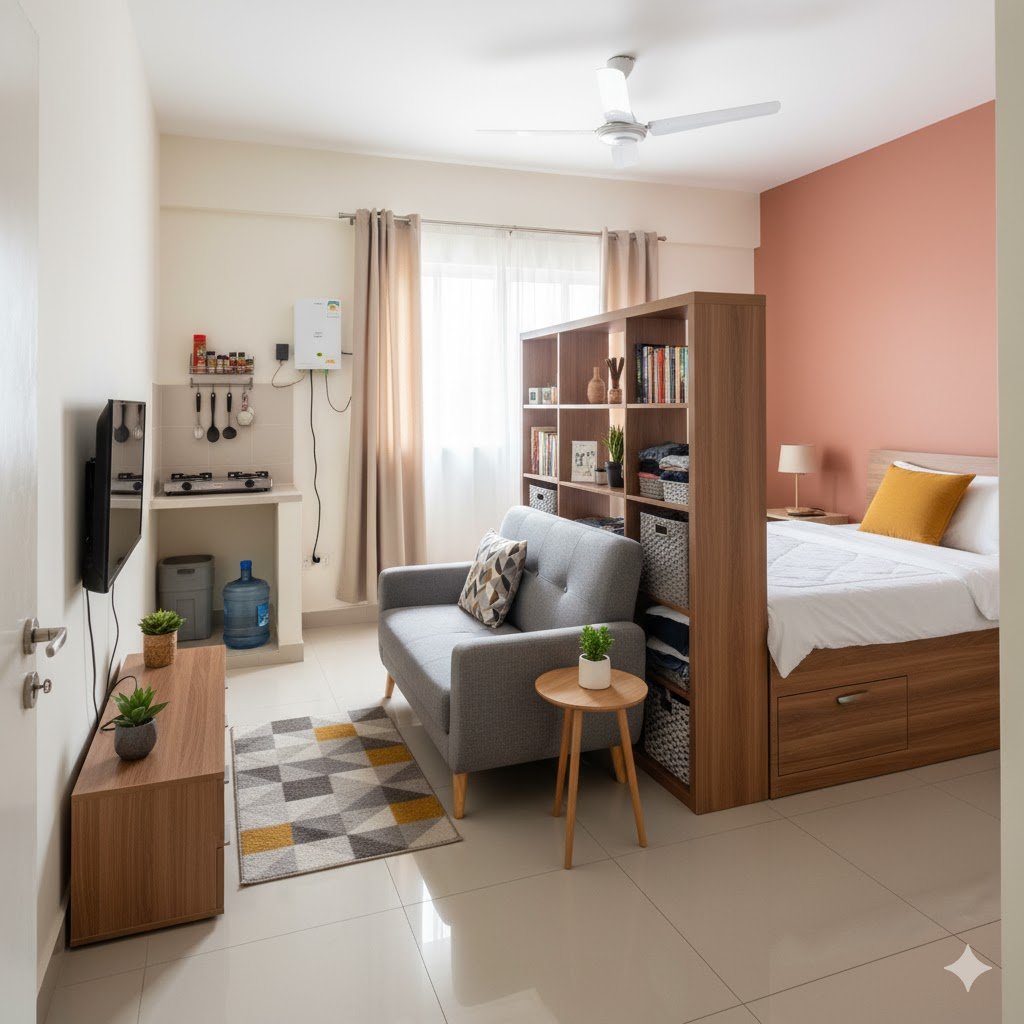 A room selfcon design - organized one room apartment showing sleeping, living, and kitchen zones with room divider in Lagos Nigeria
