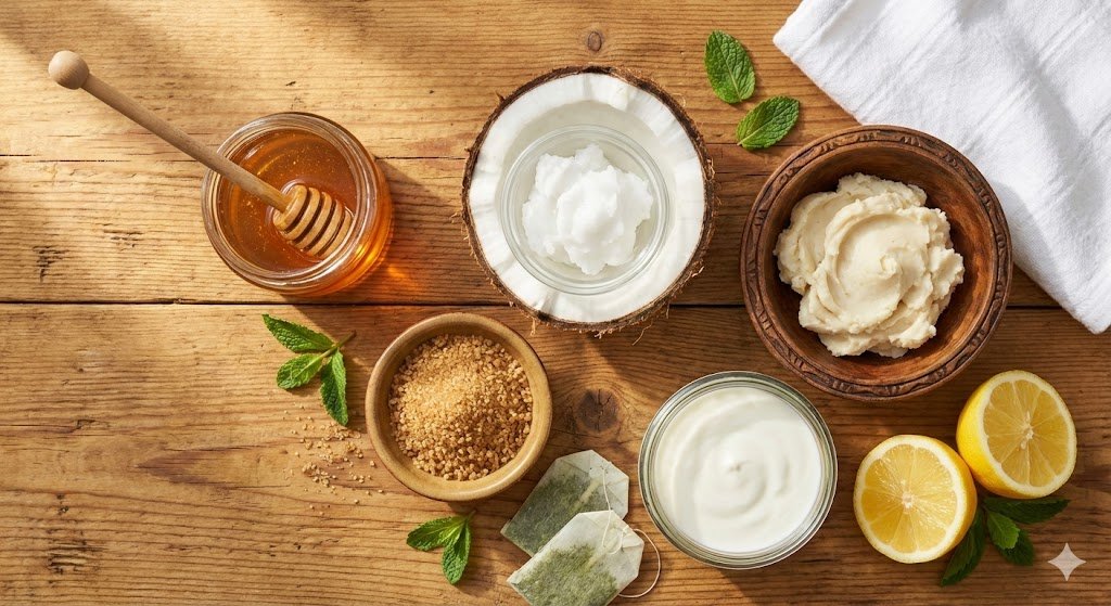 Raw Nigerian honey, coconut oil, brown sugar, shea butter and fresh ingredients arranged on wooden table