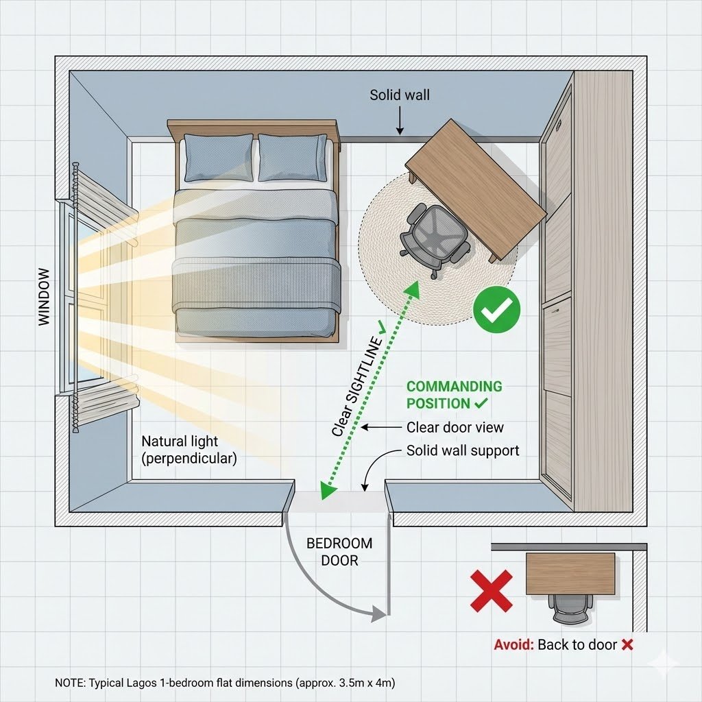 Top-down architectural diagram showing optimal desk placement diagonally opposite bedroom door in commanding position with clear door sightline and wall support