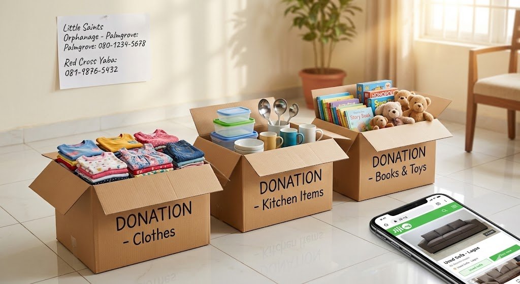  Neatly organized donation boxes with clothes, household items, and toys ready for Nigerian charity organizations