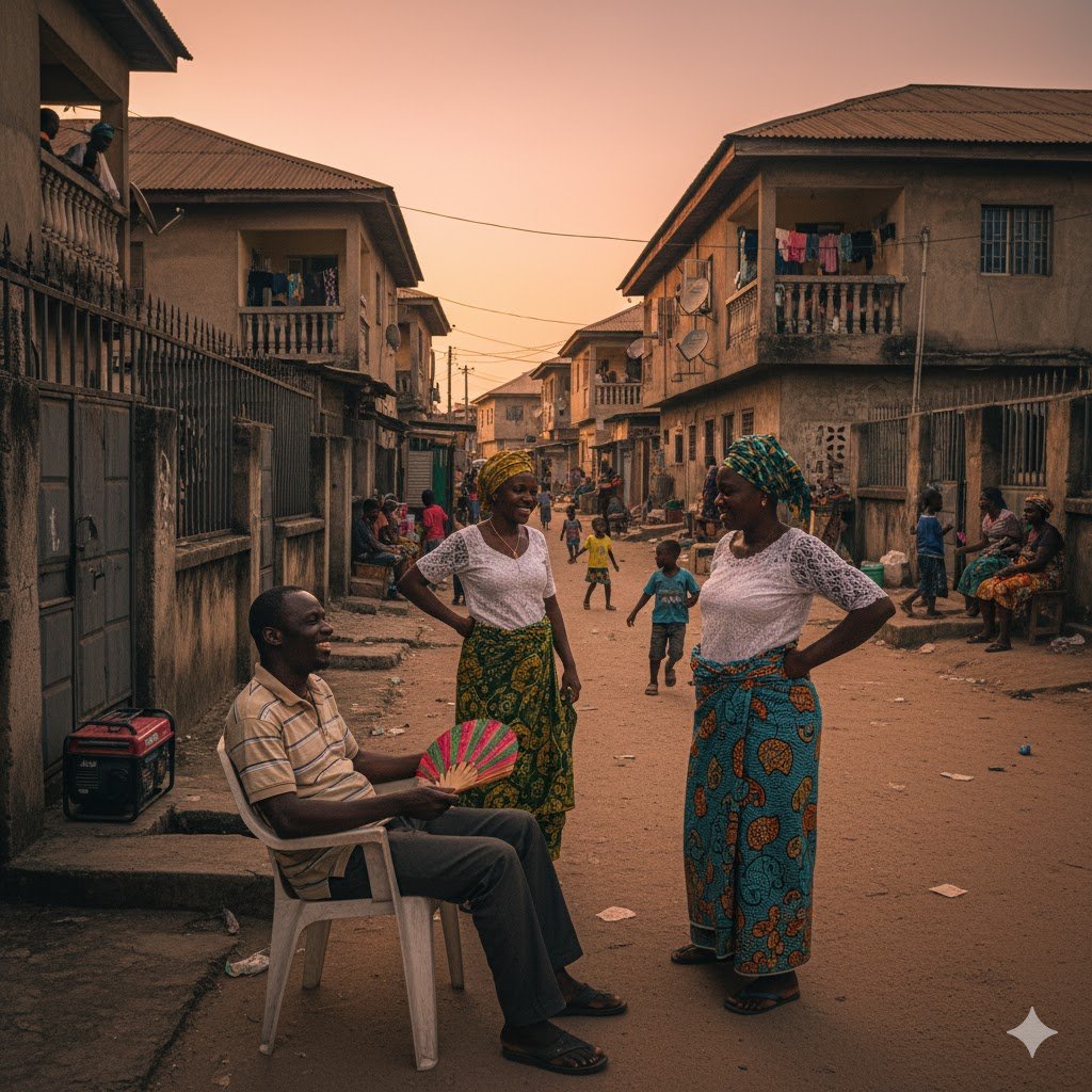 Nigerian neighbors enjoying evening breeze at sunset in Lekki Lagos with children playing and people sitting outside their gates at 6:30 PM