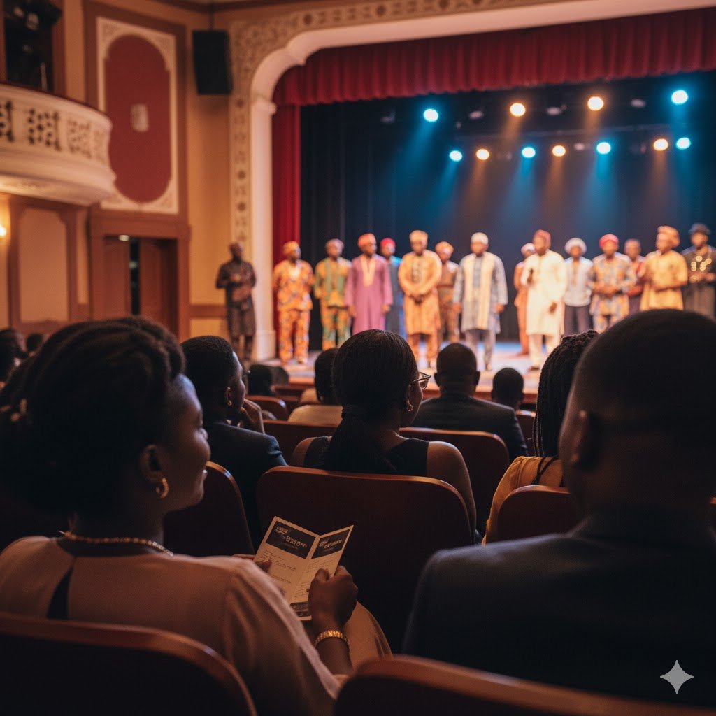 Audience members watching an engaging Nigerian stage play at Terra Kulture theatre, with dramatic stage lighting and performers visible, showcasing Lagos weekend cultural entertainment options.