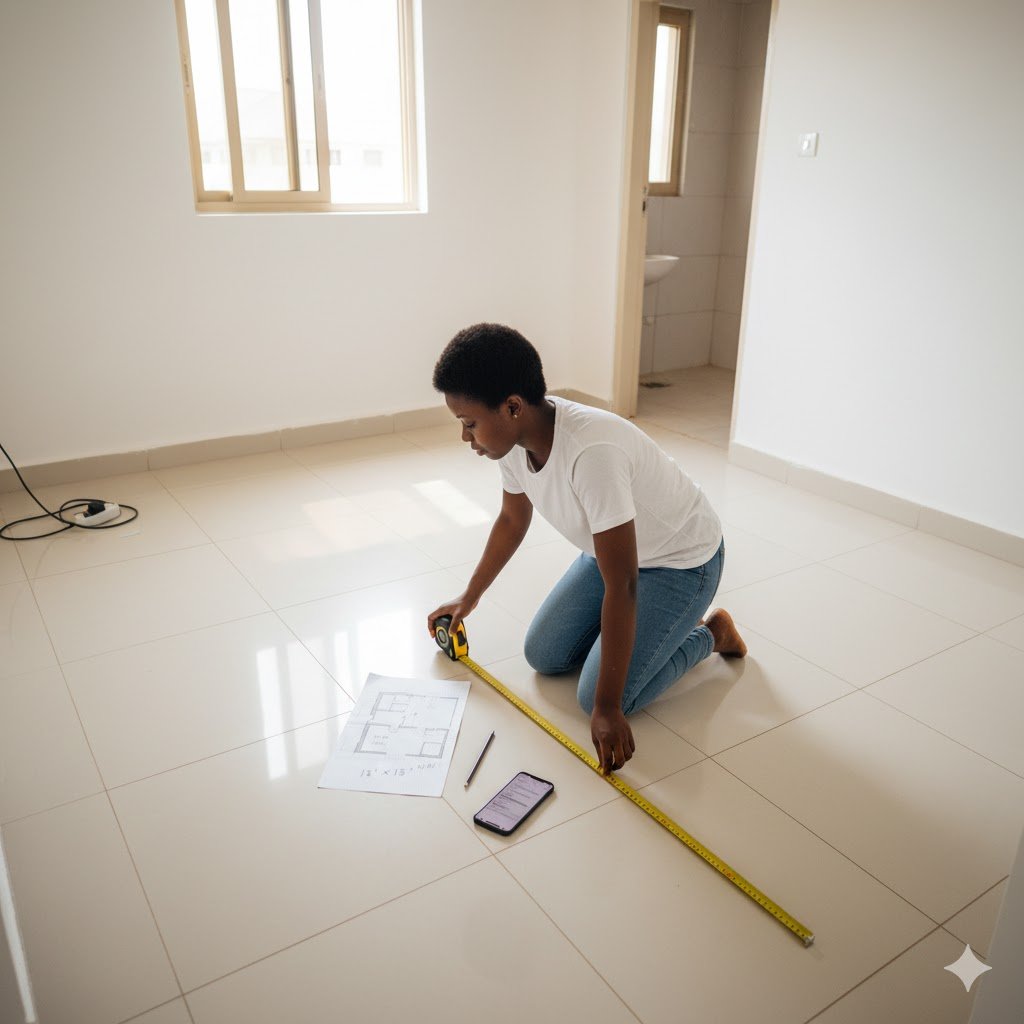 How to design one room apartment - Nigerian woman measuring small apartment dimensions with tape measure and floor plan sketch