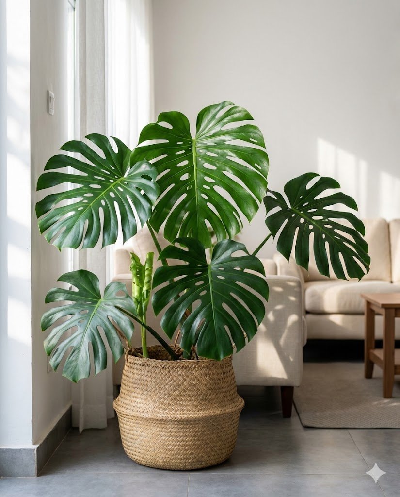 Large Monstera deliciosa with fenestrated leaves styled as statement plant in woven basket near bright window in Lagos apartment showing proper houseplant placement