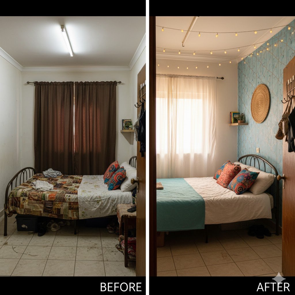 One room apartment design simple Nigeria showing before and after color makeover using removable wallpaper and light curtains no painting required