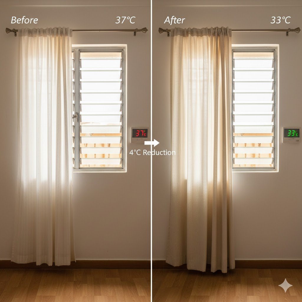West-facing window in Nigerian home with thick light-colored thermal curtains drawn closed during afternoon to block solar heat gain