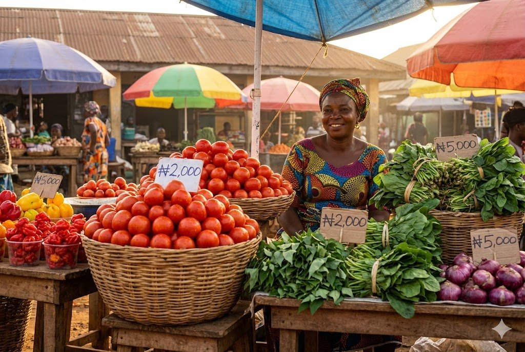 Fresh tomatoes, peppers, and vegetables displayed at Lagos market stall for budget meal prep shopping