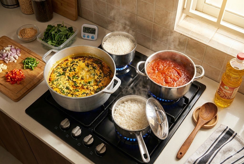 Multiple pots cooking simultaneously on gas stove showing egusi soup, tomato stew, and rice for weekly meal prep