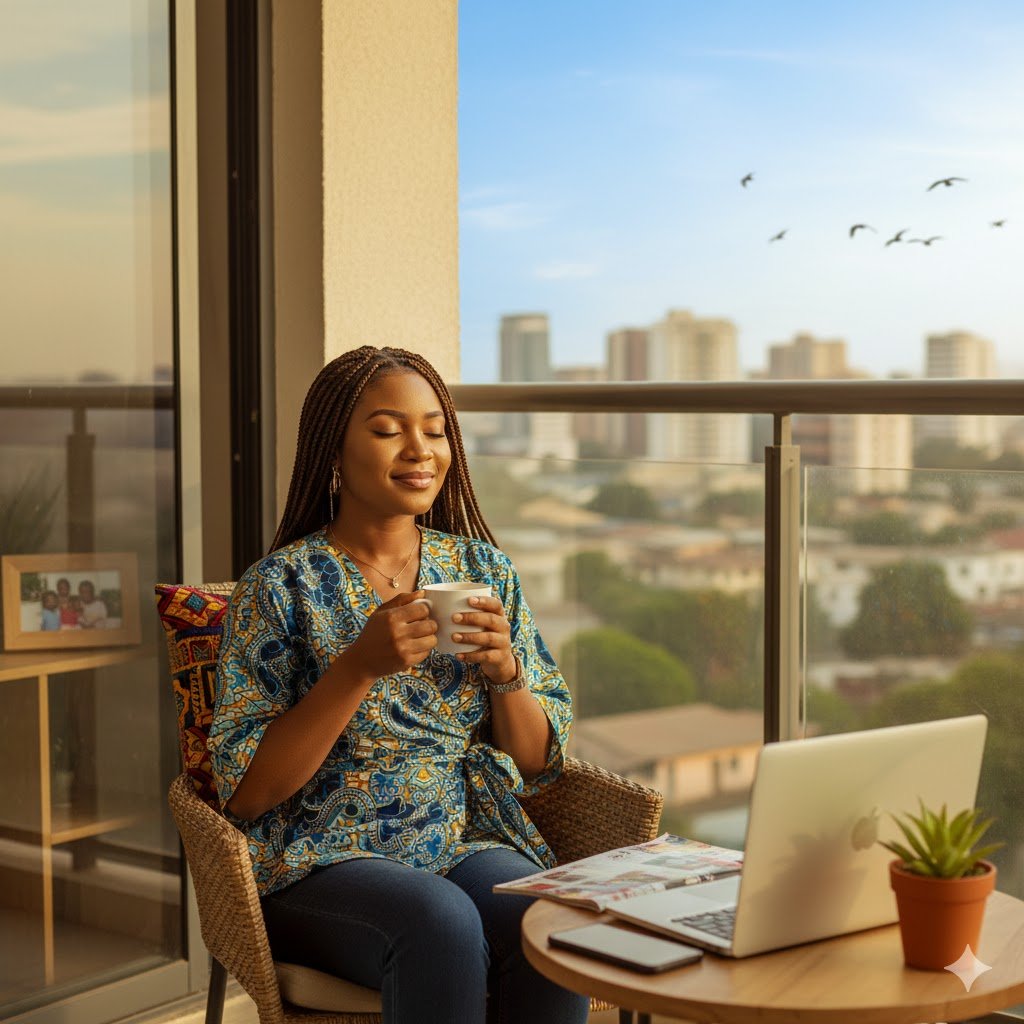 Smiling Nigerian woman in casual weekend attire enjoying morning coffee on her apartment balcony overlooking Lagos skyline, laptop closed beside her, appearing relaxed and content