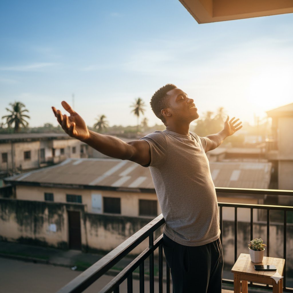 Smiling Nigerian man standing on balcony with arms outstretched enjoying natural morning sunlight for mood improvement and stress relief