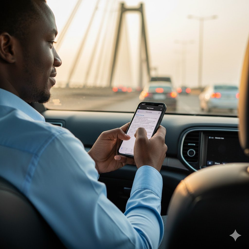 Young Nigerian professional practicing micro-journaling on smartphone during morning Lagos commute, typing reflective thoughts in notes app