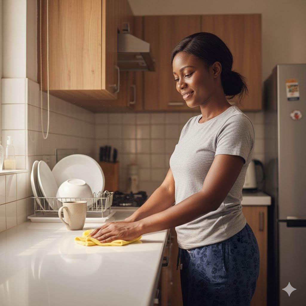 Busy Nigerian woman in modern Lagos kitchen quickly wiping counters using 80 20 cleaning rule during morning routine