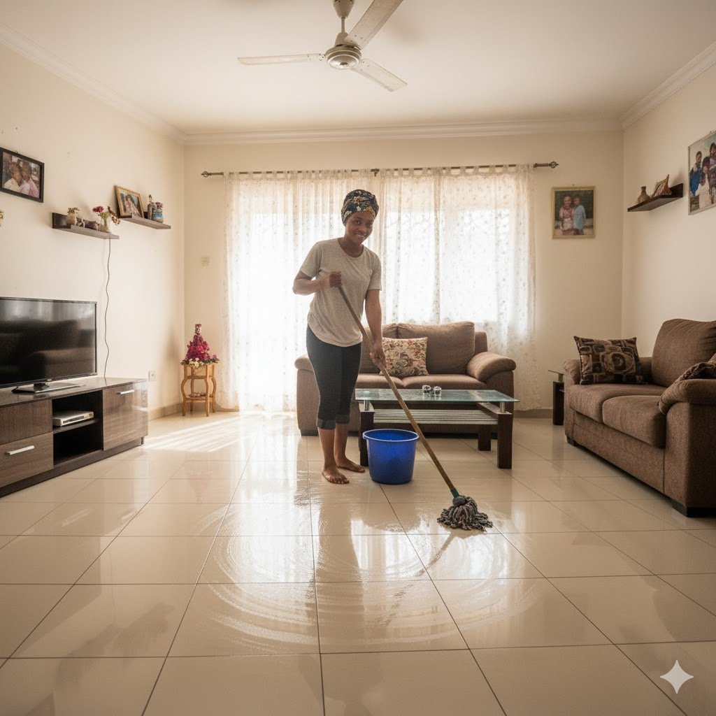 Nigerian homeowner in Surulere apartment following systematic 7 stage cleaning process mopping living room floor