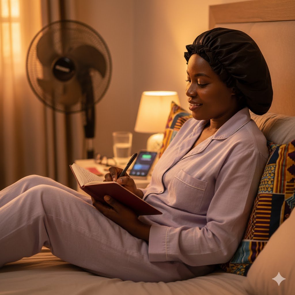 Nigerian woman writing evening reflection prompts in journal before bed, creating peaceful nighttime self-care routine despite Lagos heat