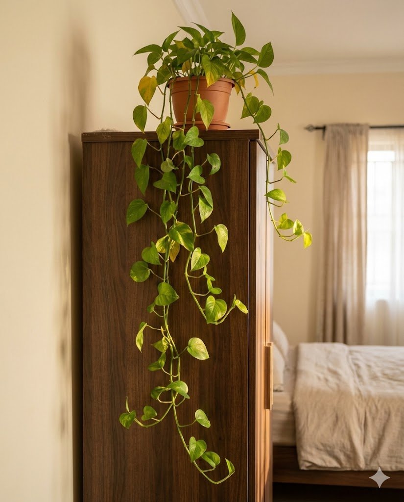 Golden Pothos with long trailing vines cascading from high shelf in Nigerian bedroom showing plant styling technique that softens vertical space and creates green curtain effect