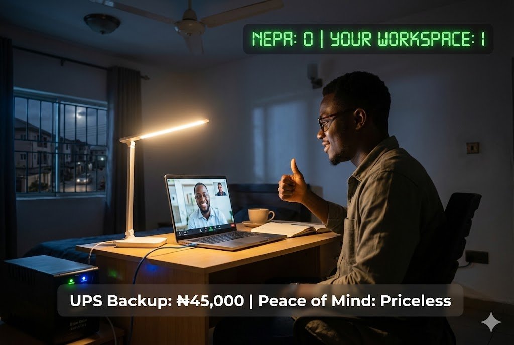 Nigerian home office desk with visible UPS backup system, surge protector, and laptop showing saved work during NEPA power outage with lamp still glowing