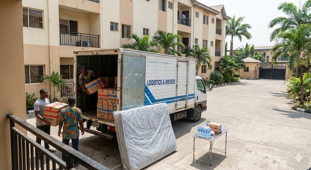 Nigerian moving truck being loaded by movers in Lagos estate with labeled boxes and furniture covered in protective wrap