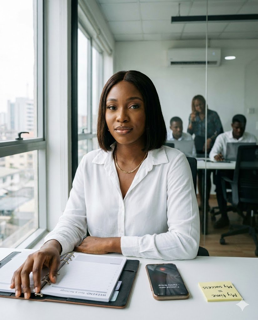 Nigerian professional woman setting work-life boundaries by politely declining weekend family obligations for career focus