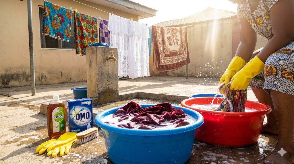 Nigerian woman soaking thrifted curtains in large basin with disinfectant and detergent under bright sunlight for sanitizing