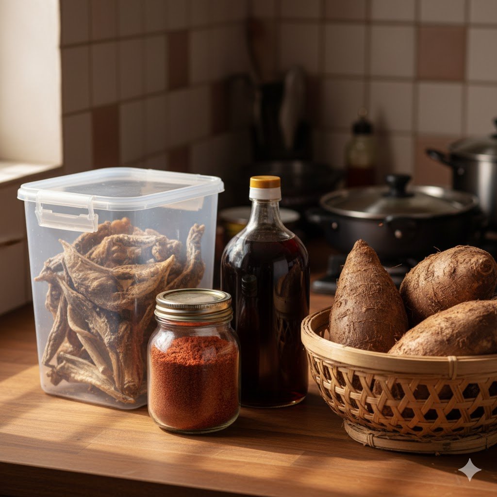Airtight containers storing Nigerian cooking essentials including stockfish, dried crayfish, palm oil in dark bottle, and yam tubers in ventilated basket arranged on kitchen counter