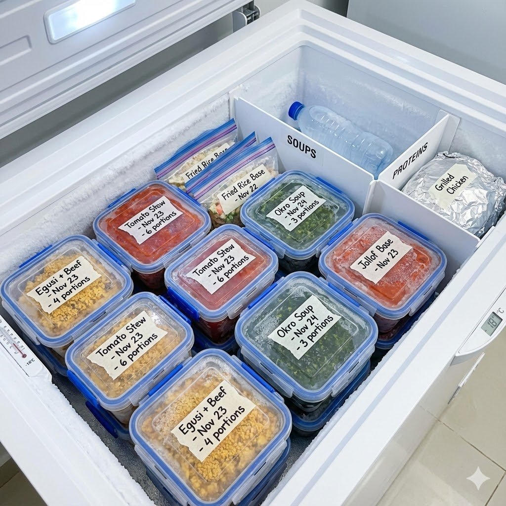 Organized freezer with square plastic containers storing Nigerian soups and stews, labeled with masking tape showing contents and dates