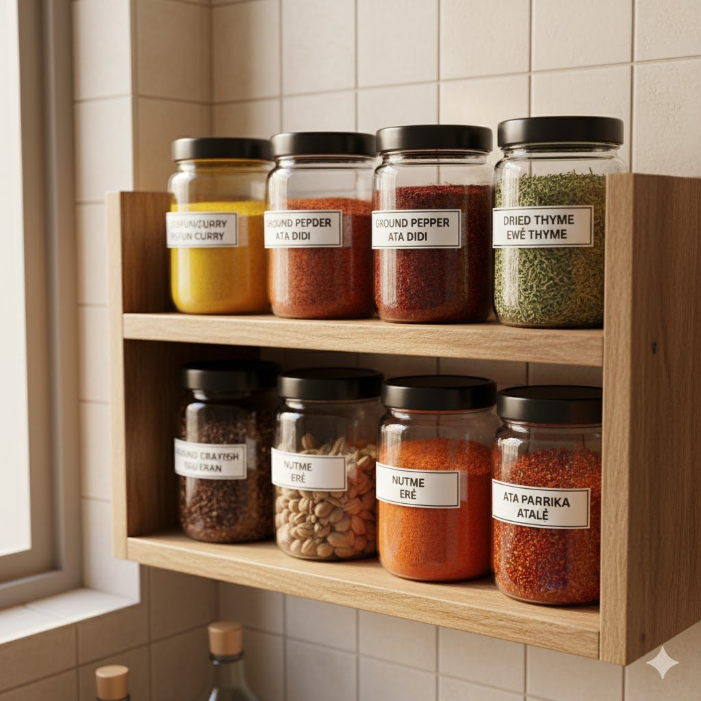 Glass jars containing Nigerian spices like curry, thyme, and ground pepper arranged on wooden kitchen shelf with clear labels showing English and local names