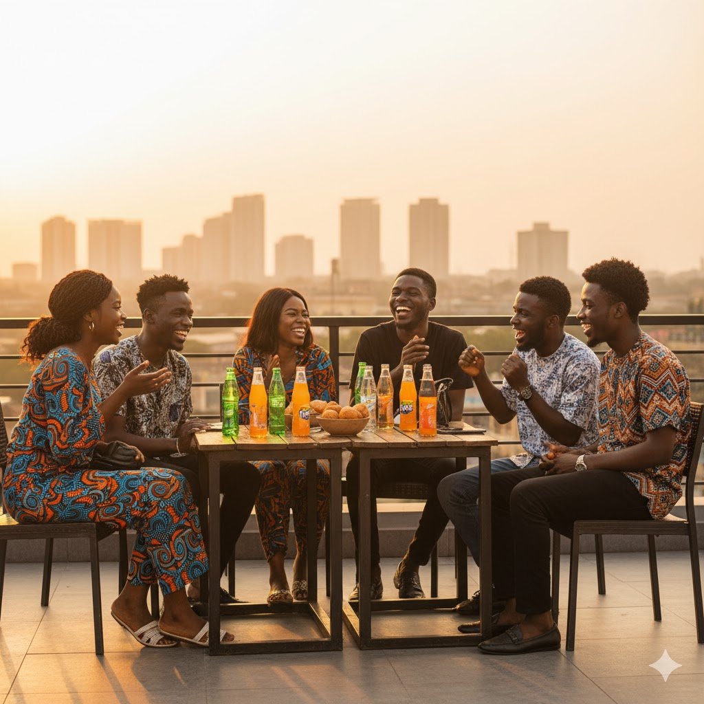 Group of young Nigerian friends laughing together at outdoor gathering in Lagos, enjoying face-to-face connection without phones, representing strong offline support networks