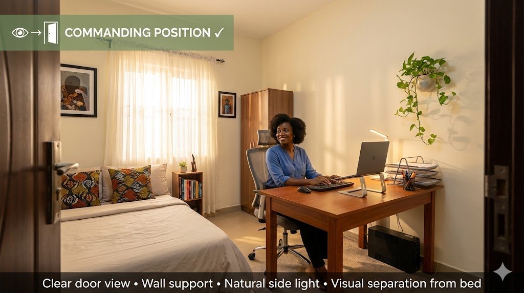 Wide angle view of compact Lagos bedroom with desk positioned diagonally opposite door showing clear sightline, wall support, and functional workspace in 12 square meter room