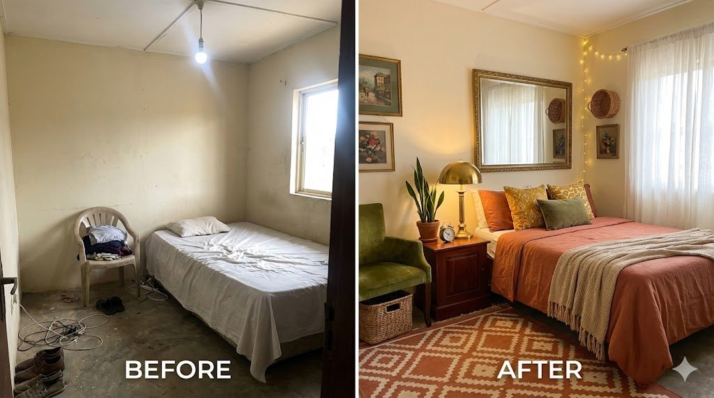Split-screen comparison showing cluttered plain room transformed into stylish organized space using thrifted Nigerian market finds