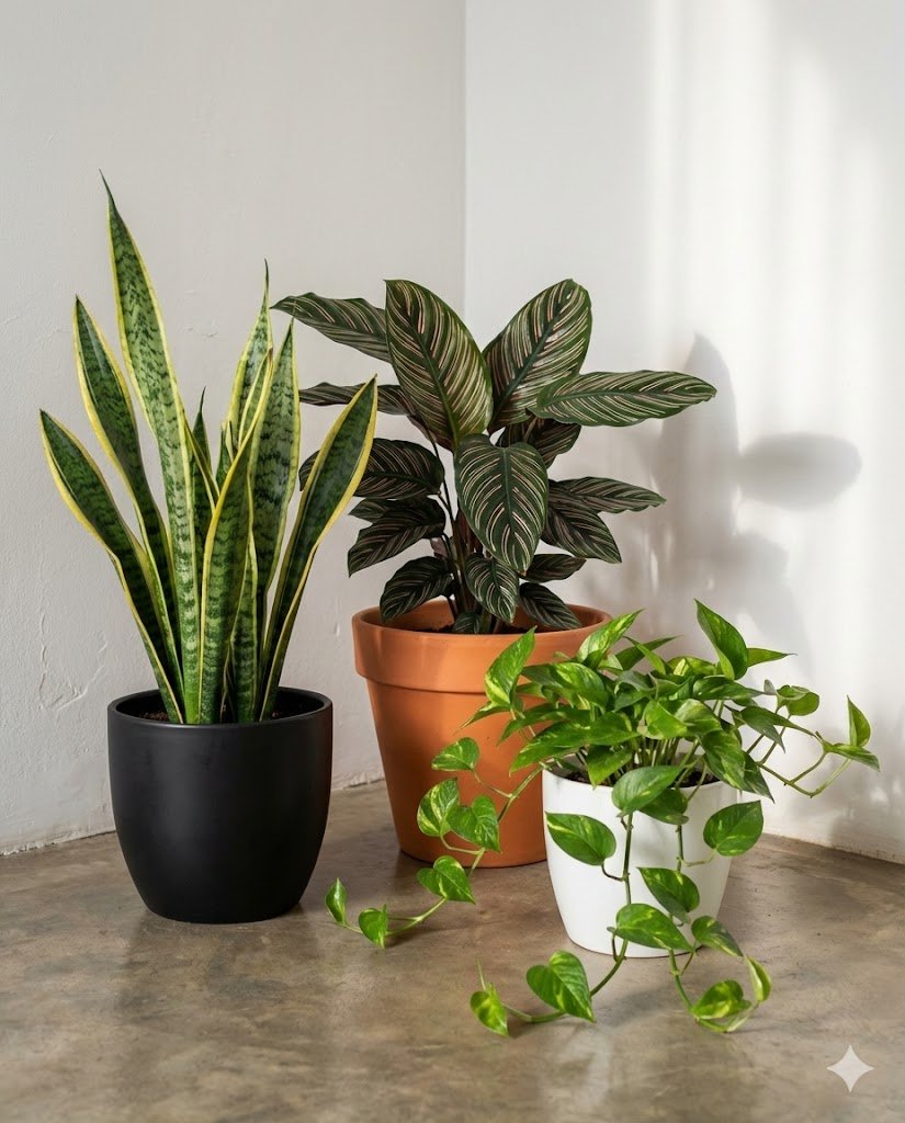 Three aesthetic houseplants arranged using Rule of Threes design principle showing tall Snake Plant, medium Calathea, and small trailing Pothos in Nigerian living room corner