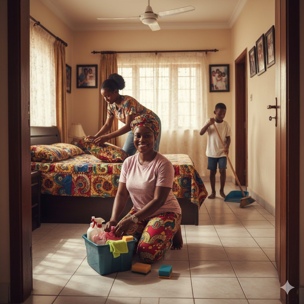 Nigerian family working together on Saturday morning cleaning routine in Lagos home using organized schedule and cleaning supplies