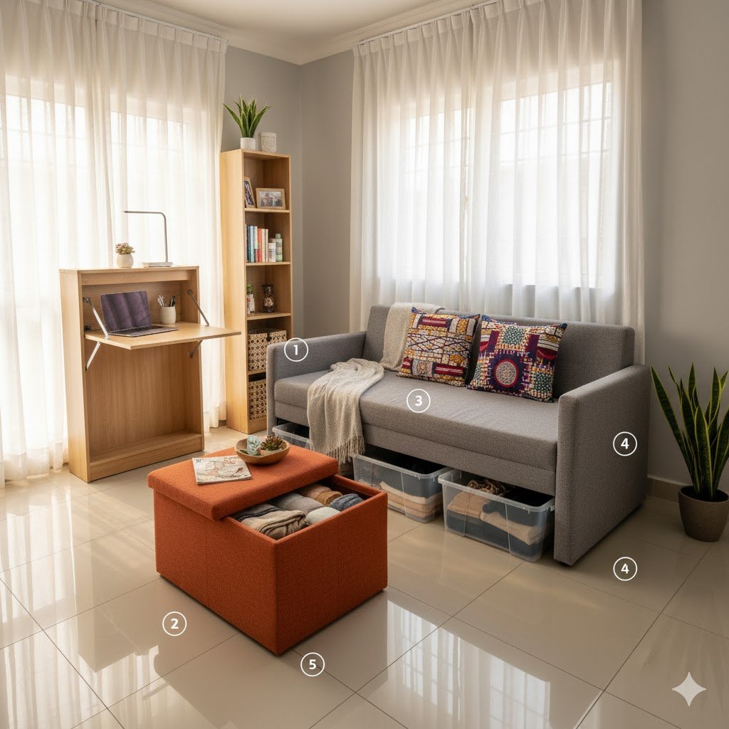 Small one room apartment design Nigeria featuring multi-functional furniture sofa bed storage ottoman folding desk space-saving solutions Lagos