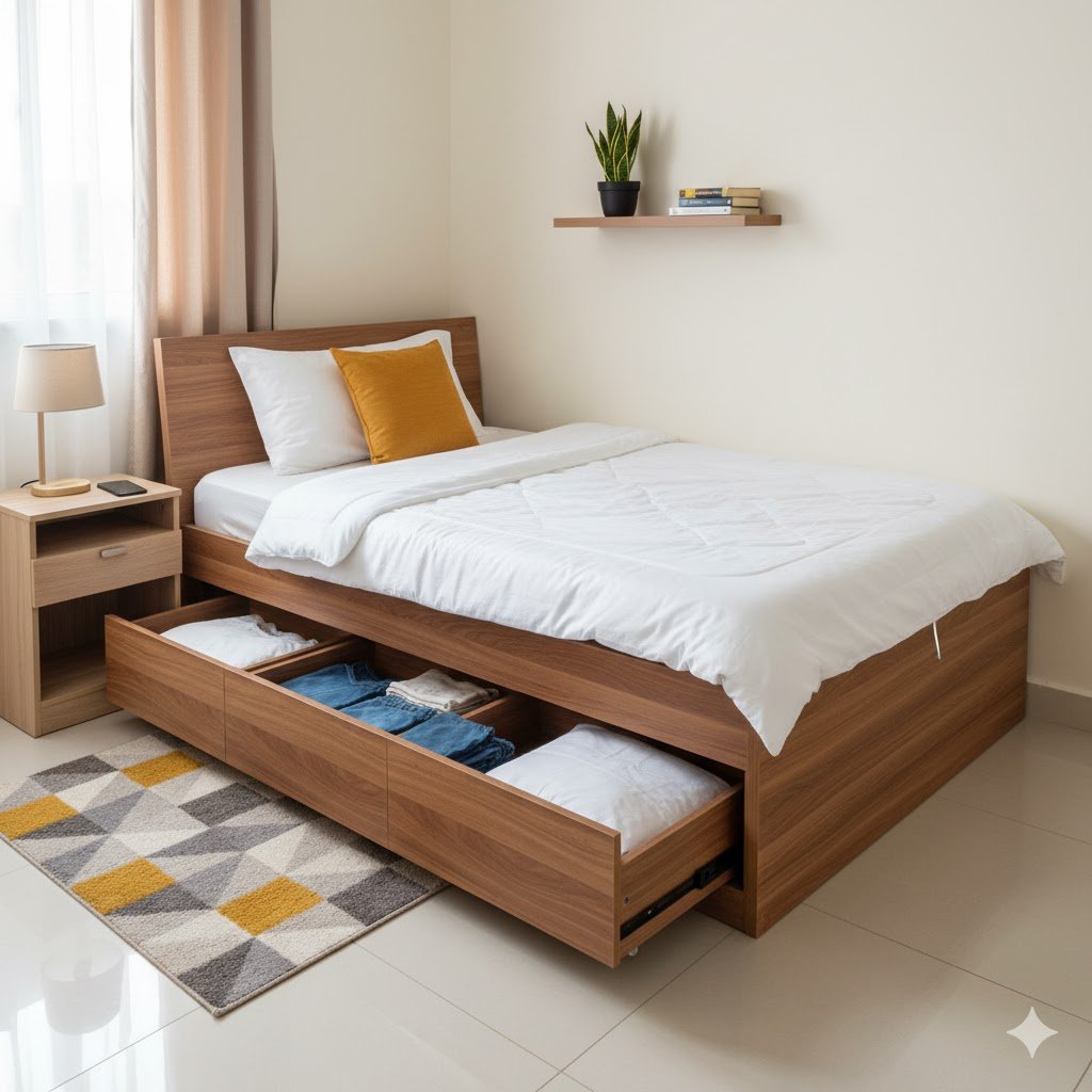 Space-saving furniture Lagos - modern storage bed with open drawers showing organized storage in small Nigerian apartment