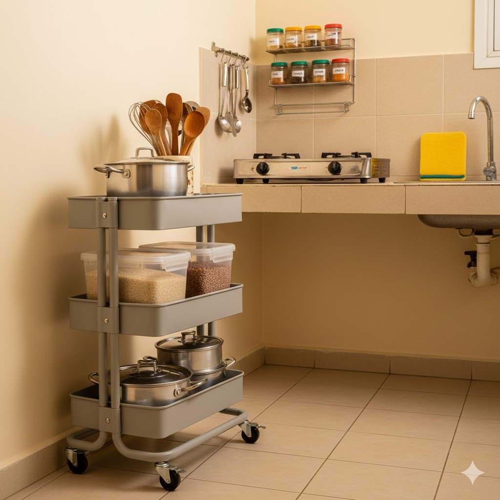 Compact Nigerian kitchen showing three-tier metal rolling cart with organized cooking pots, ingredients, and utensils maximizing limited counter space