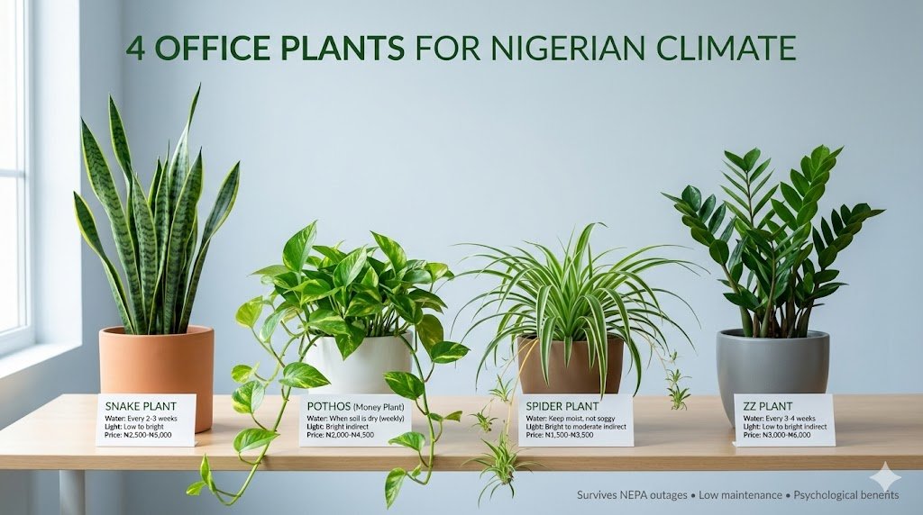 Four low-maintenance office plants suitable for Nigerian climate: snake plant, pothos, spider plant, and ZZ plant with care requirements and benefits labeled