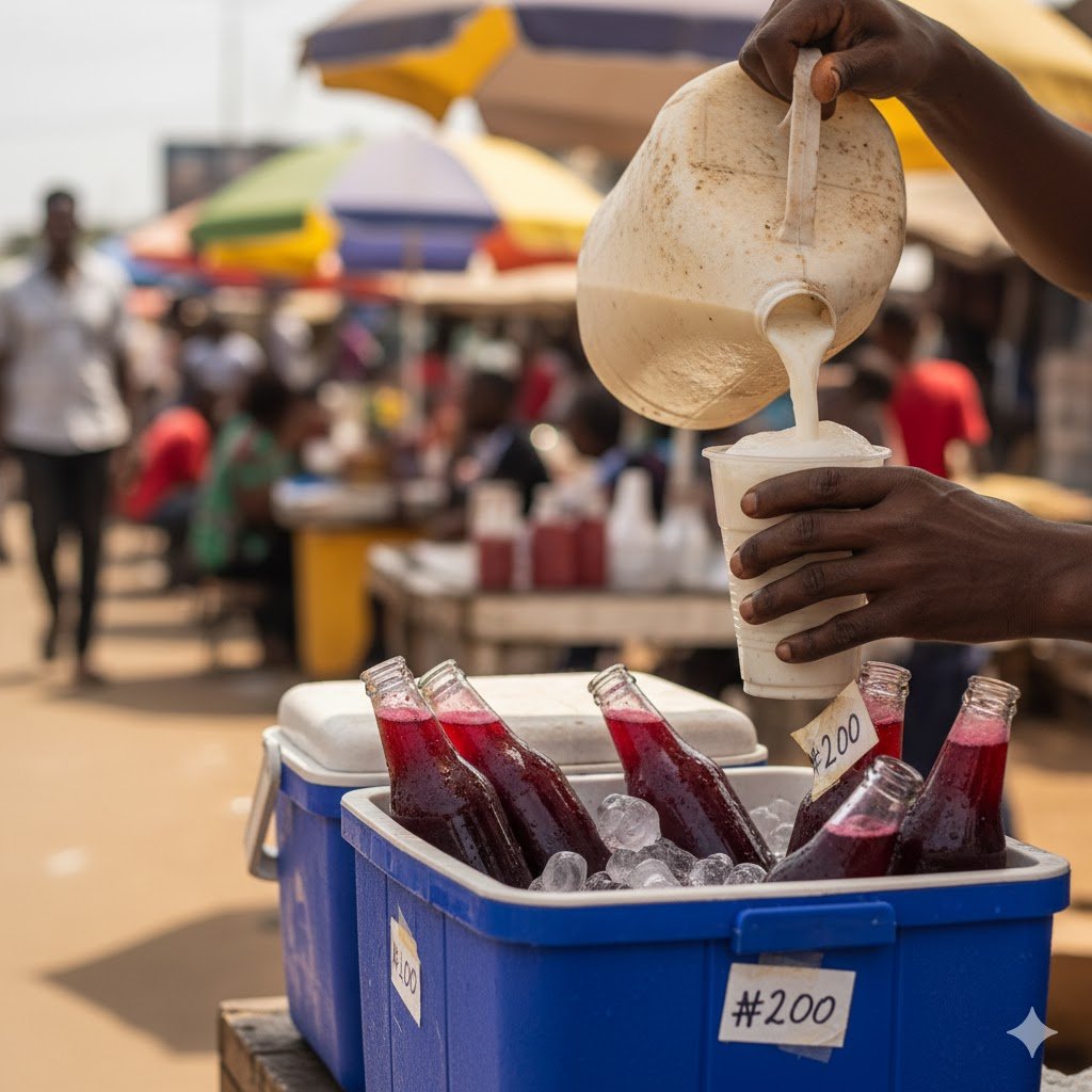 Nigerian street vendor pouring cold kunu drink into plastic cup with zobo bottles displayed on ice-filled cooler in Lagos market
