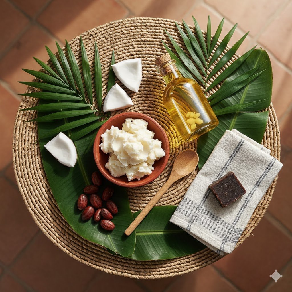 Nigerian self-care using affordable local ingredients including shea butter and coconut oil from local Lagos market