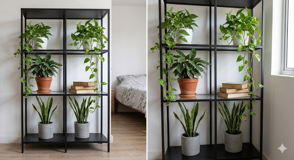 Vertical houseplant arrangement on open metal shelving in small Lagos apartment showing space-saving plant styling with trailing, bushy, and upright plants maximizing vertical space