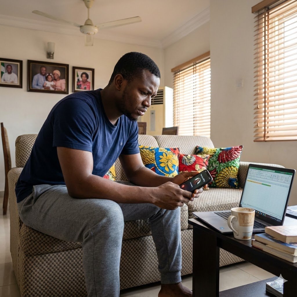 Young Nigerian man in Lagos apartment contemplating family phone call about financial requests and boundary setting