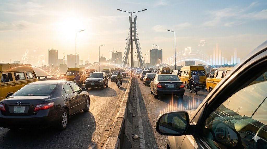 Heavy morning traffic on Lagos Third Mainland Bridge with musical notes and sound waves overlay representing stress reduction through music