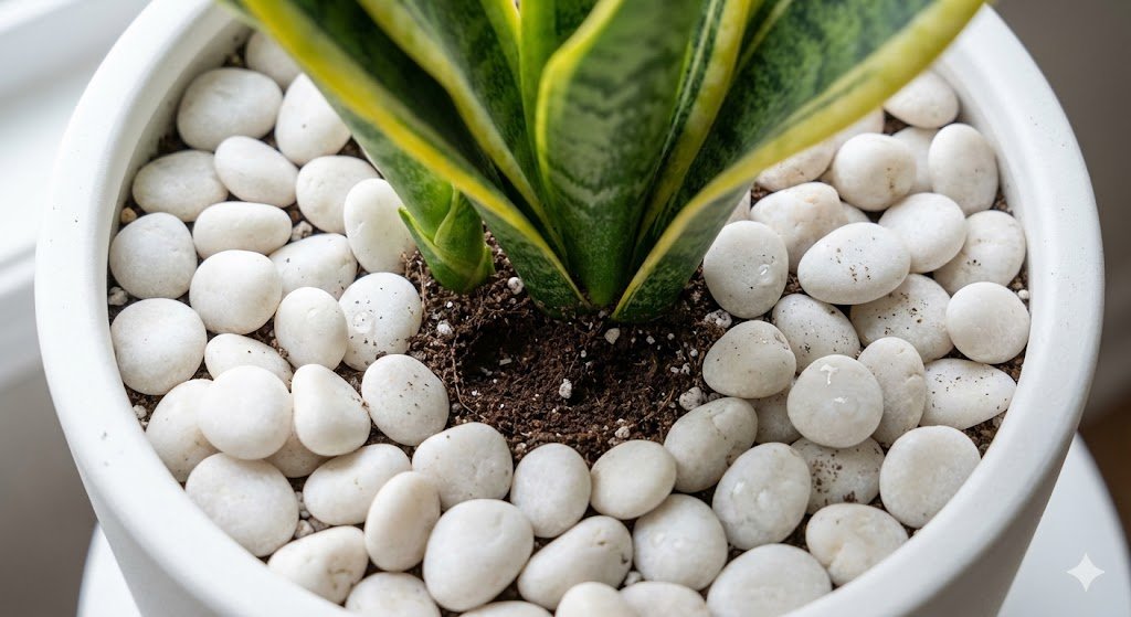 Close-up of houseplant top dressing technique showing white decorative stones covering soil surface around Snake Plant stem demonstrating professional finishing touch for aesthetic plant styling
