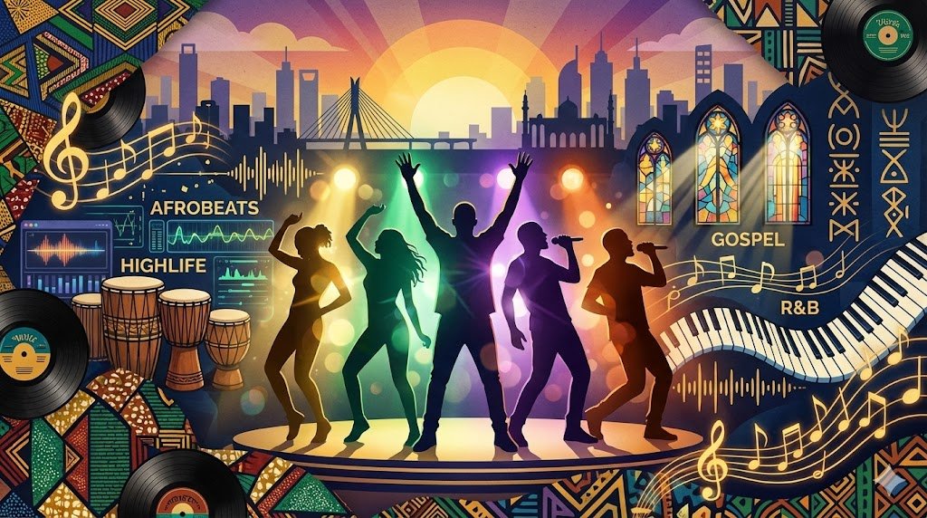 Collage representing Nigerian Afrobeats artists including Burna Boy, Asake, Tems, Ayra Starr, and Davido for morning motivation playlists