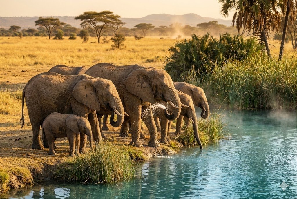 Herd of African elephants drinking at the crystal-clear Wikki Warm Spring in Yankari National Park Bauchi State Nigeria with savannah grassland in the background