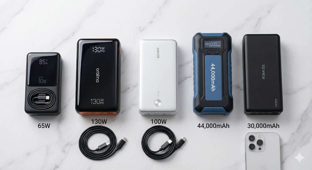  Overhead view comparing five best laptop power banks in Nigeria showing Baseus, Oraimo, Anker, New Age, and Romoss models with specifications