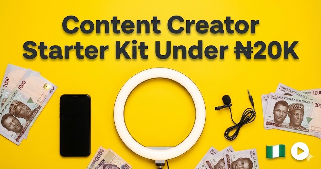Budget ring light and microphone content creation kit for Nigerian creators with text overlay showing under 20,000 Naira