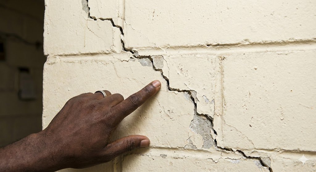 Close-up of diagonal stair-step crack pattern on interior apartment wall indicating structural settlement