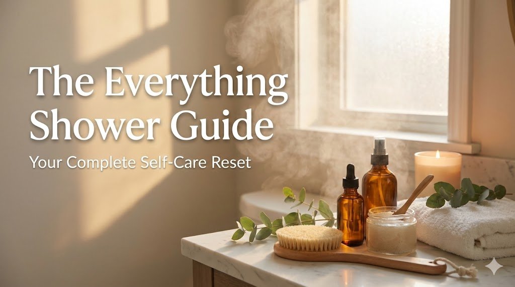 Aesthetic bathroom scene with steam, luxury self-care products arranged on marble counter, warm golden lighting, with text overlay reading "The Everything Shower Guide"